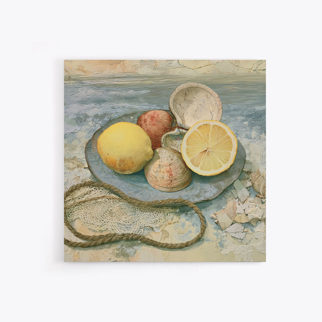 Shellfish and Lemon Still Life Framed Canvas Print, Dining Room Art, Abstract Wall Art, Dining Room Decor, Fine Art, Dining, DRA-1x1-64