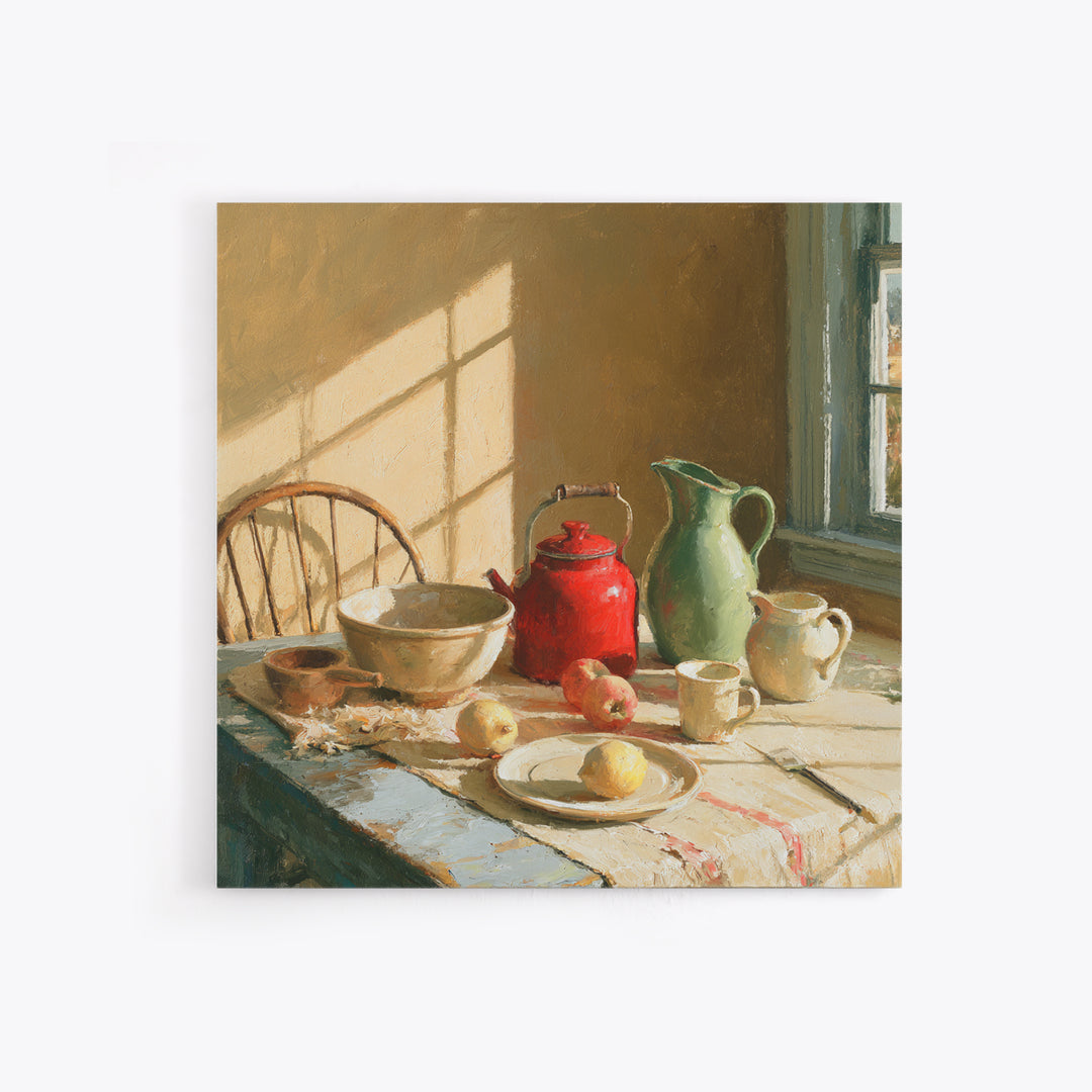 Sunlit Farmhouse Table Objects Without Room View Canvas Print, Dining Room Art, Coastal Wall Art, Dining Room Decor, Dining, DRA-1x1-65