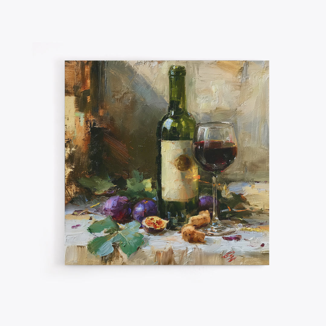 Wine Bottle and Figs on a Linen Canvas Print, Dining Room Art, Gallery Decor, Dining Room Decor, Abstract Art, Dining, DRA-1x1-75