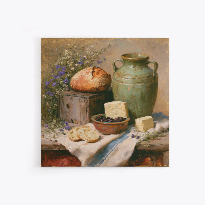 Rustic Bread Olives and Cheese Still Life Framed Canvas Print, Dining Room Art, Kitchen Prints, Dining Room Decor, Dining, DRA-1x1-78