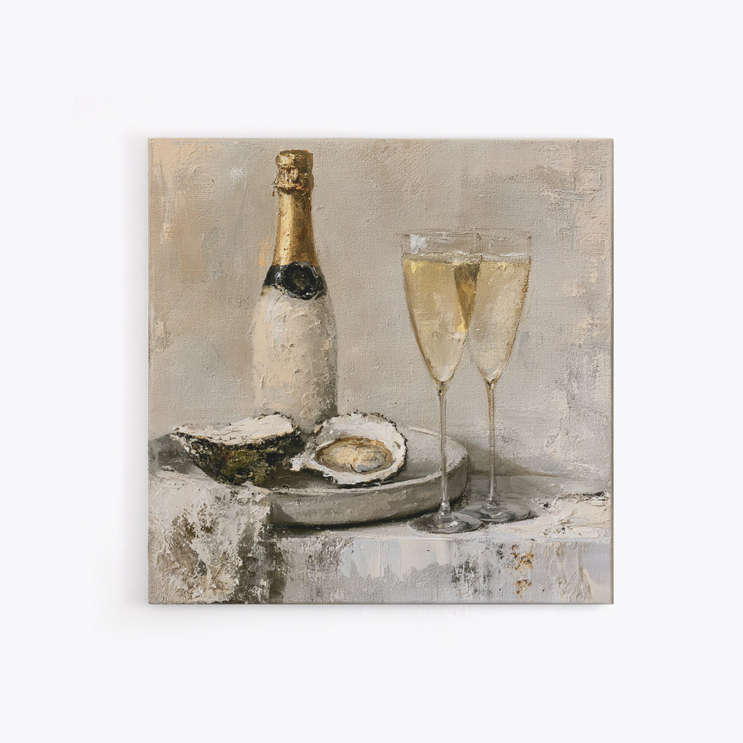 Elegant Oyster and Champagne Still Life Framed Canvas Print, Dining Room Art, Dining Room Decor, Oil Painting, Dining, DRA-1x1-79