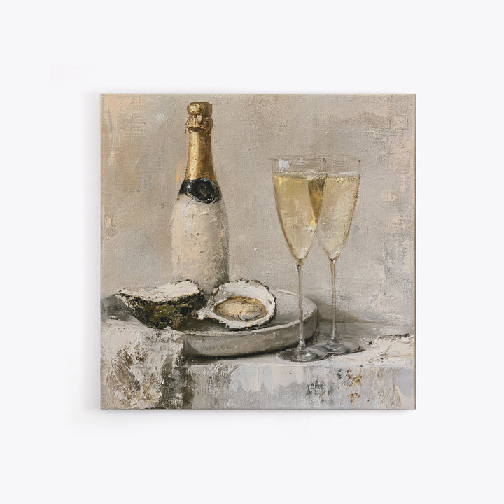 Elegant Oyster and Champagne Still Life Framed Canvas Print, Dining Room Art, Dining Room Decor, Oil Painting, Dining, DRA-1x1-79