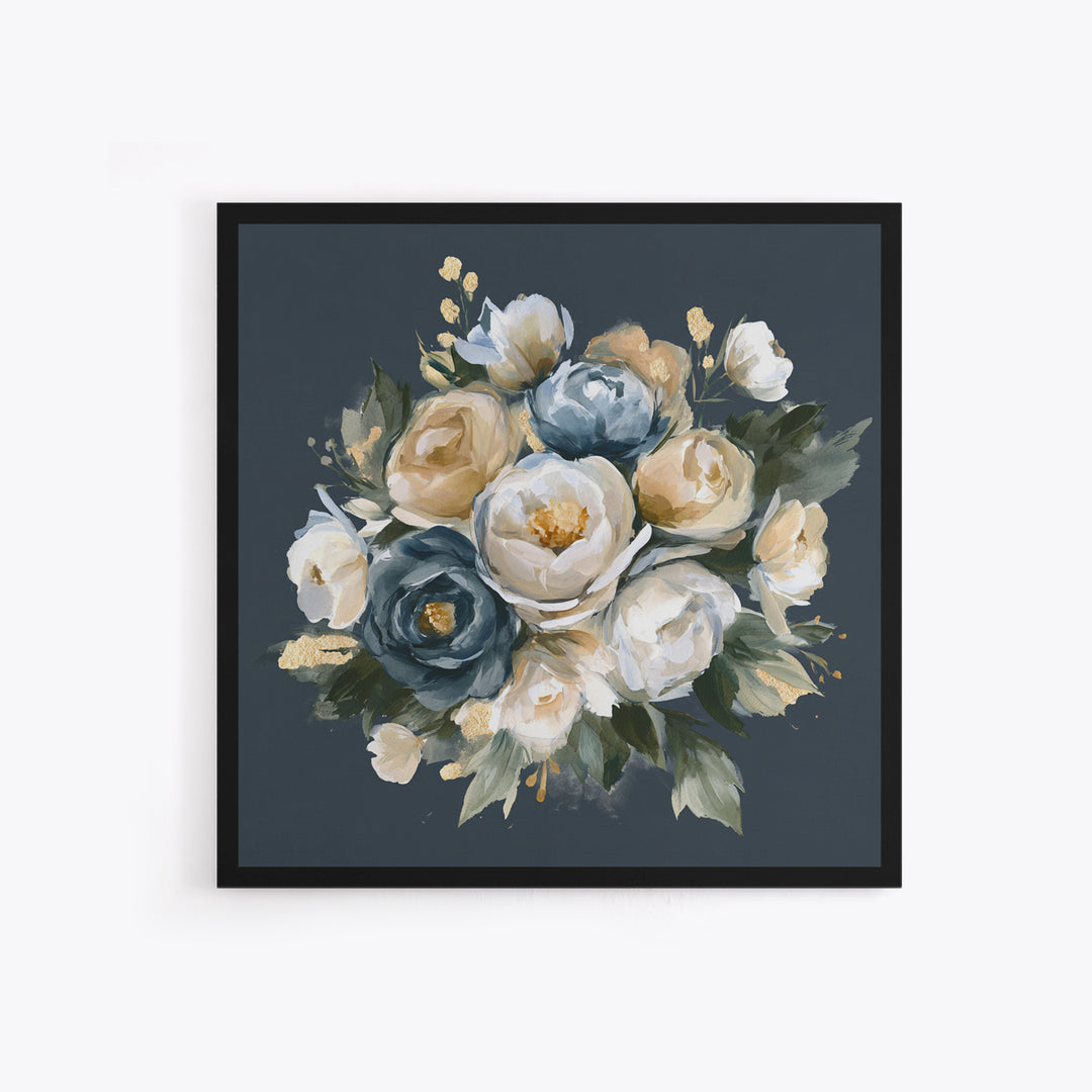 Moody Dark Background Bouquet for Formal Dining Framed Canvas Print, Dining Room Art, Neutral Decor, Dining Room Decor, Dining, DRA-1x1-83