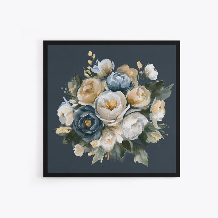 Moody Dark Background Bouquet for Formal Dining Framed Canvas Print, Dining Room Art, Neutral Decor, Dining Room Decor, Dining, DRA-1x1-83
