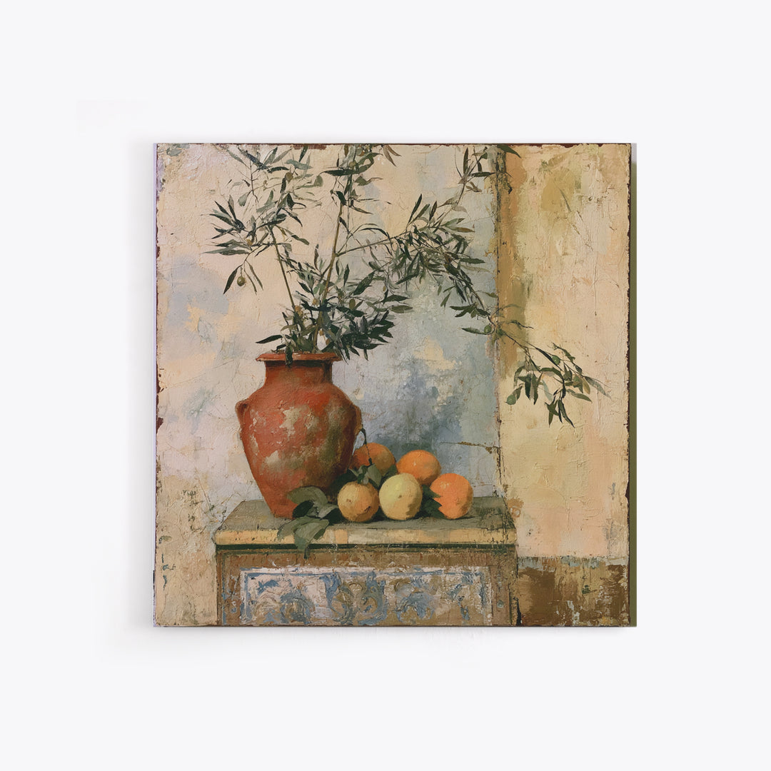 Mediterranean Olive Branch and Citrus Arrangement Canvas Print, Dining Room Art, Coastal Decor, Dining Room Decor, Dining, DRA-1x1-84
