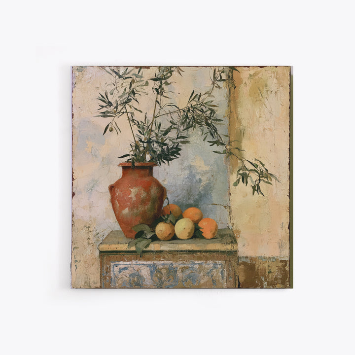Mediterranean Olive Branch and Citrus Arrangement Canvas Print, Dining Room Art, Coastal Decor, Dining Room Decor, Dining, DRA-1x1-84