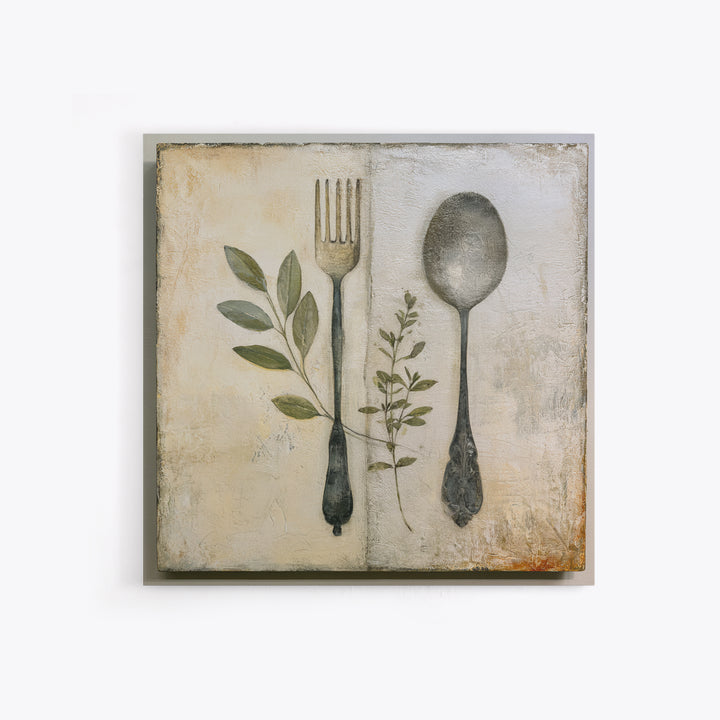 Minimal Fork Spoon and Herb Composition Canvas Print, Dining Room Art, Coastal Wall Art, Dining Room Decor, Fine Art, Dining, DRA-1x1-94
