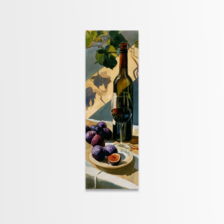 Wine Bottle and Figs on a Linen Framed Canvas Print, Dining Room Art, Statement Artwork, Dining Room Decor, Fine Art, Dining, DRA-1x3-15