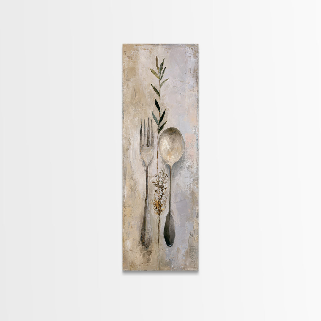 Minimal Fork Spoon and Herb Composition Canvas Print, Dining Room Art, Bedroom Wall Art, Dining Room Decor, Dining, DRA-1x3-34