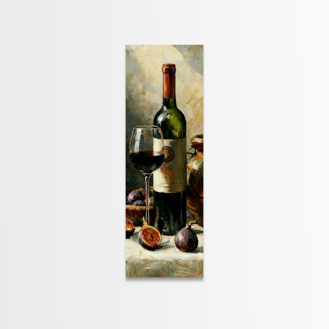 Wine Bottle and Figs on a Linen Canvas Print, Dining Room Art, Textured Painting, Dining Room Decor, Fine Art, Dining, DRA-1x3-39
