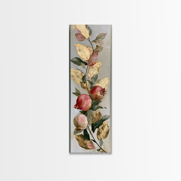 Pomegranate and Gold Leaf Botanical Study Canvas Print, Dining Room Art, Statement Artwork, Dining Room Decor, Oil Painting, DRA-1x3-44