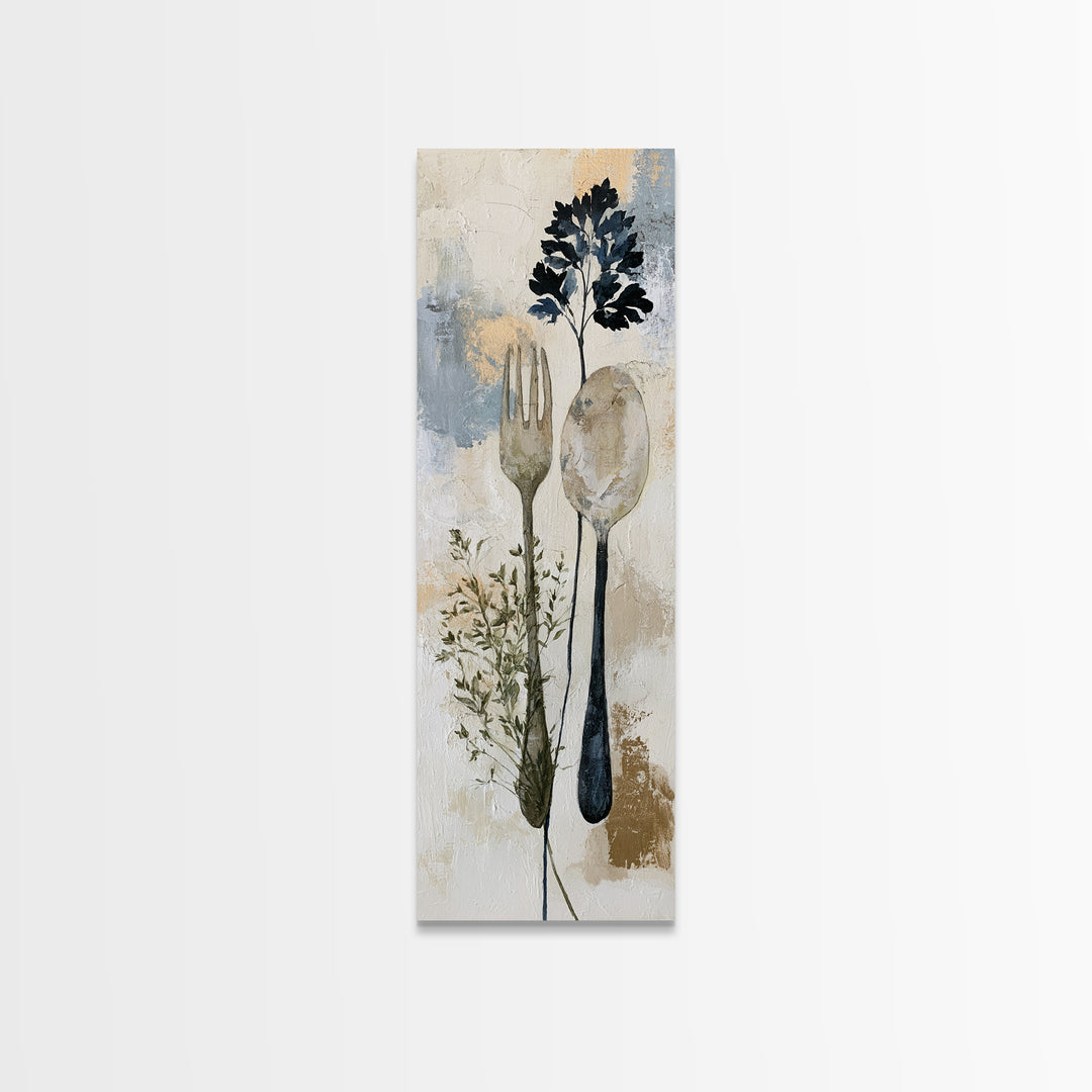 Minimal Fork Spoon and Herb Composition Canvas Print, Dining Room Art, Bedroom Wall Art, Dining Room Decor, Dining, DRA-1x3-58