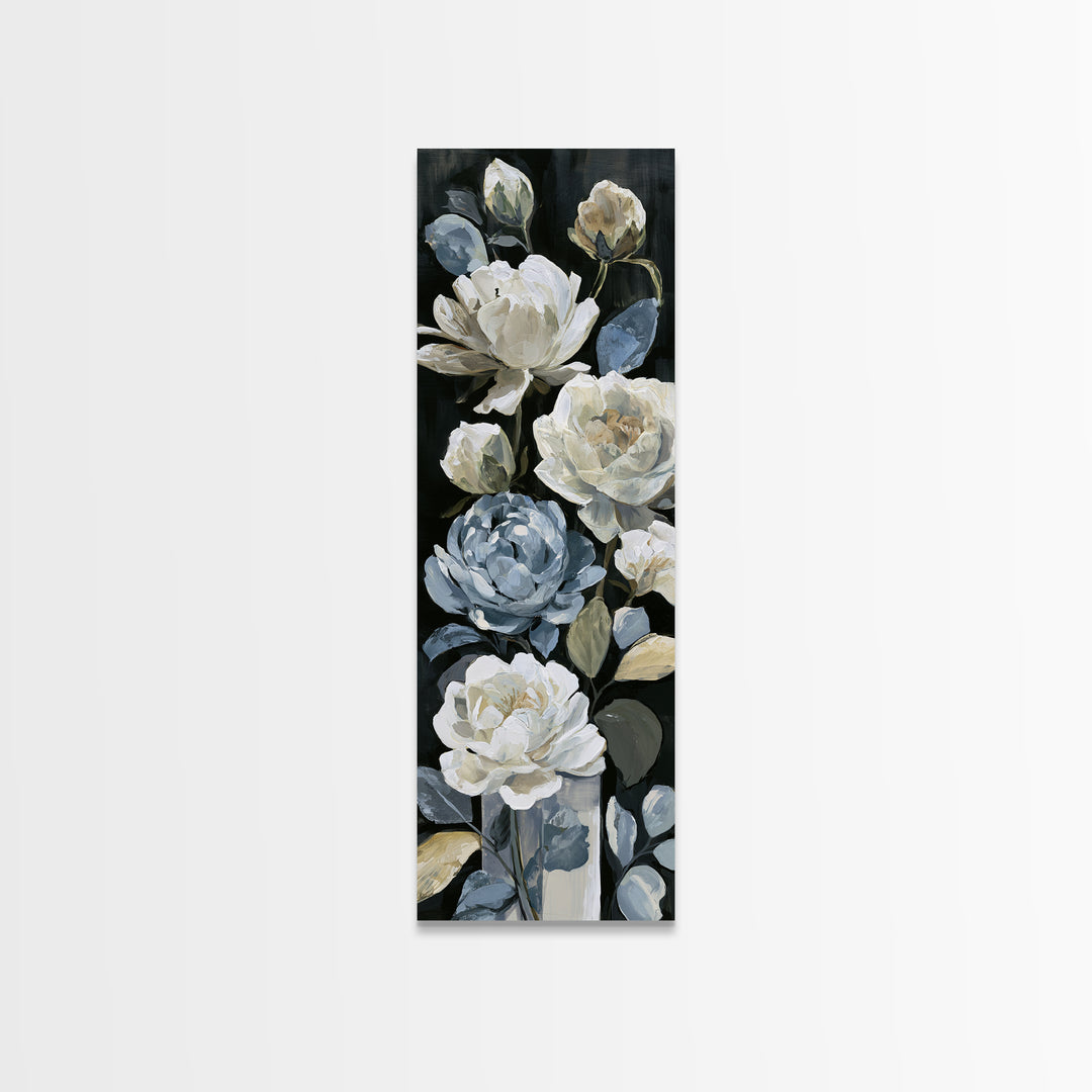 Moody Dark Background Bouquet for Formal Dining Framed Canvas Print, Dining Room Art, Kitchen Decor, Dining Room Decor, Dining, DRA-1x3-71