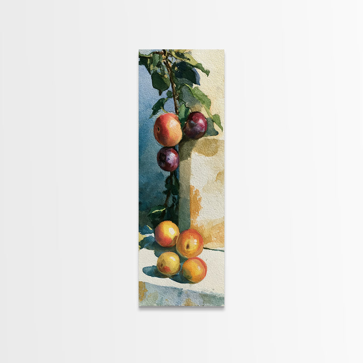 Peach and Plum Still Life Framed Canvas Print, Dining Room Art, Large Wall Art, Dining Room Decor, Dining, Watercolor Painting, DRA-1x3-80