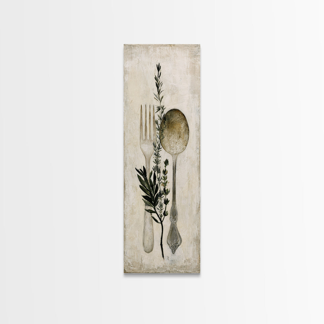 Minimal Fork Spoon and Herb Composition Canvas Print, Dining Room Art, Coastal Decor, Dining Room Decor, Oil Painting, Dining, DRA-1x3-82