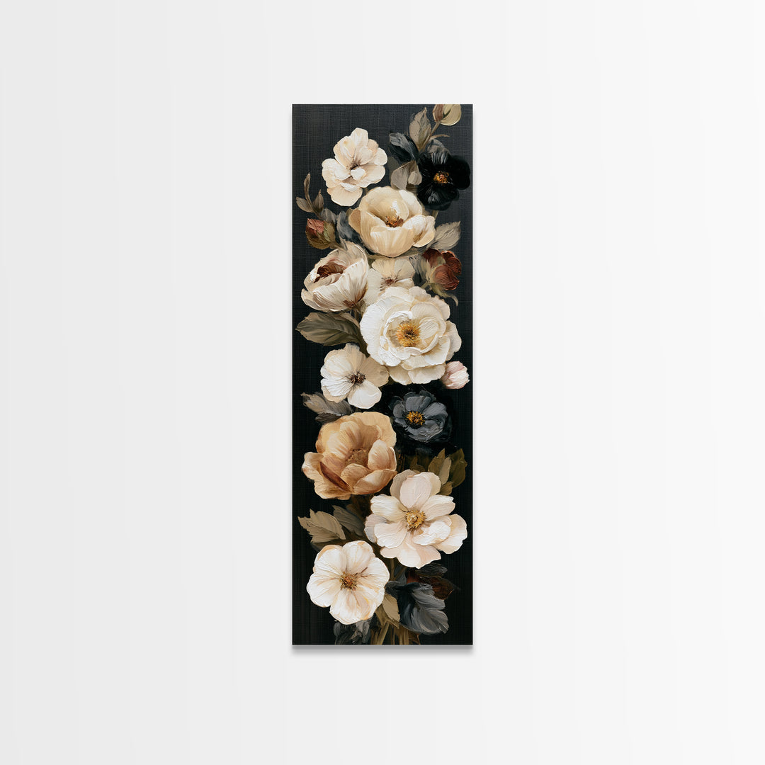 Moody Dark Background Bouquet for Formal Dining Canvas Print, Dining Room Art, Living Room Decor, Dining Room Decor, Dining, DRA-1x3-95