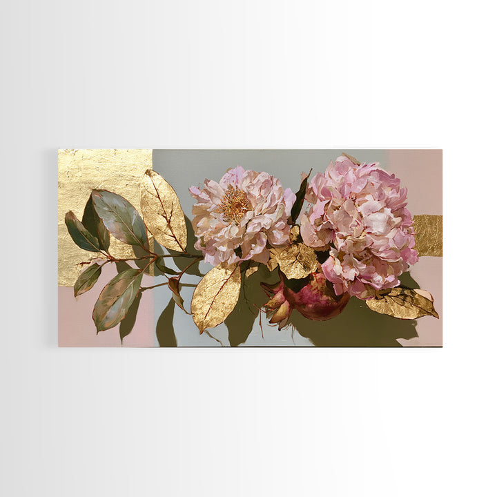 Pomegranate and Gold Leaf Botanical Study Canvas Print, Dining Room Art, Bedroom Wall Art, Dining Room Decor, Dining, DRA-2x1-100