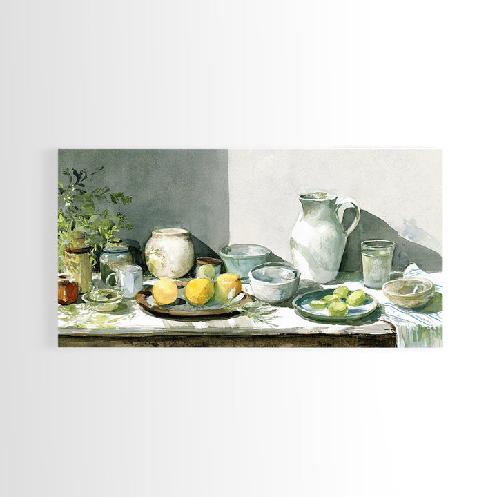 Sunlit Farmhouse Table Objects Without Room View Framed Canvas Print, Dining Room Art, Boho Decor, Dining Room Decor, Dining, DRA-2x1-13