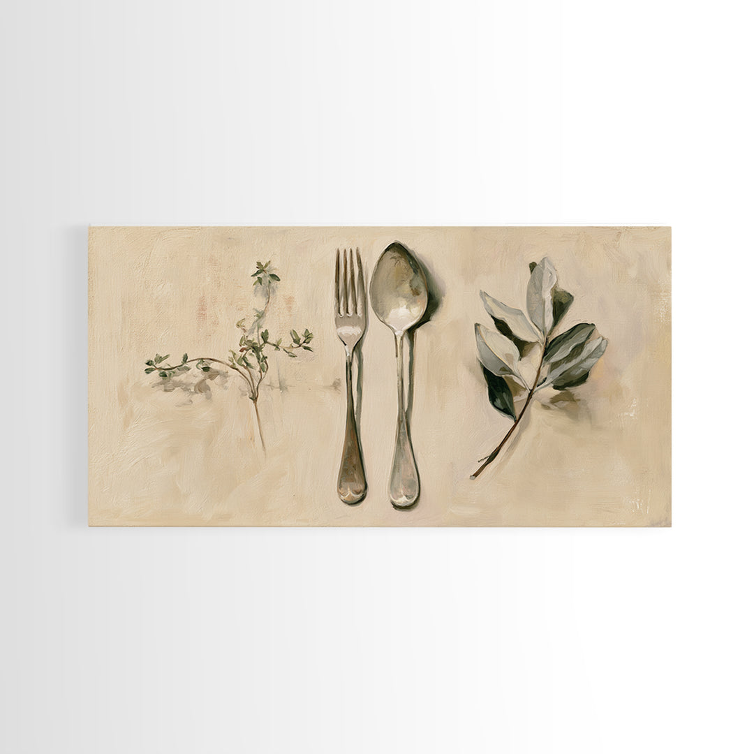Minimal Fork Spoon and Herb Composition Framed Canvas Print, Dining Room Art, Gallery Decor, Dining Room Decor, Dining, DRA-2x1-18