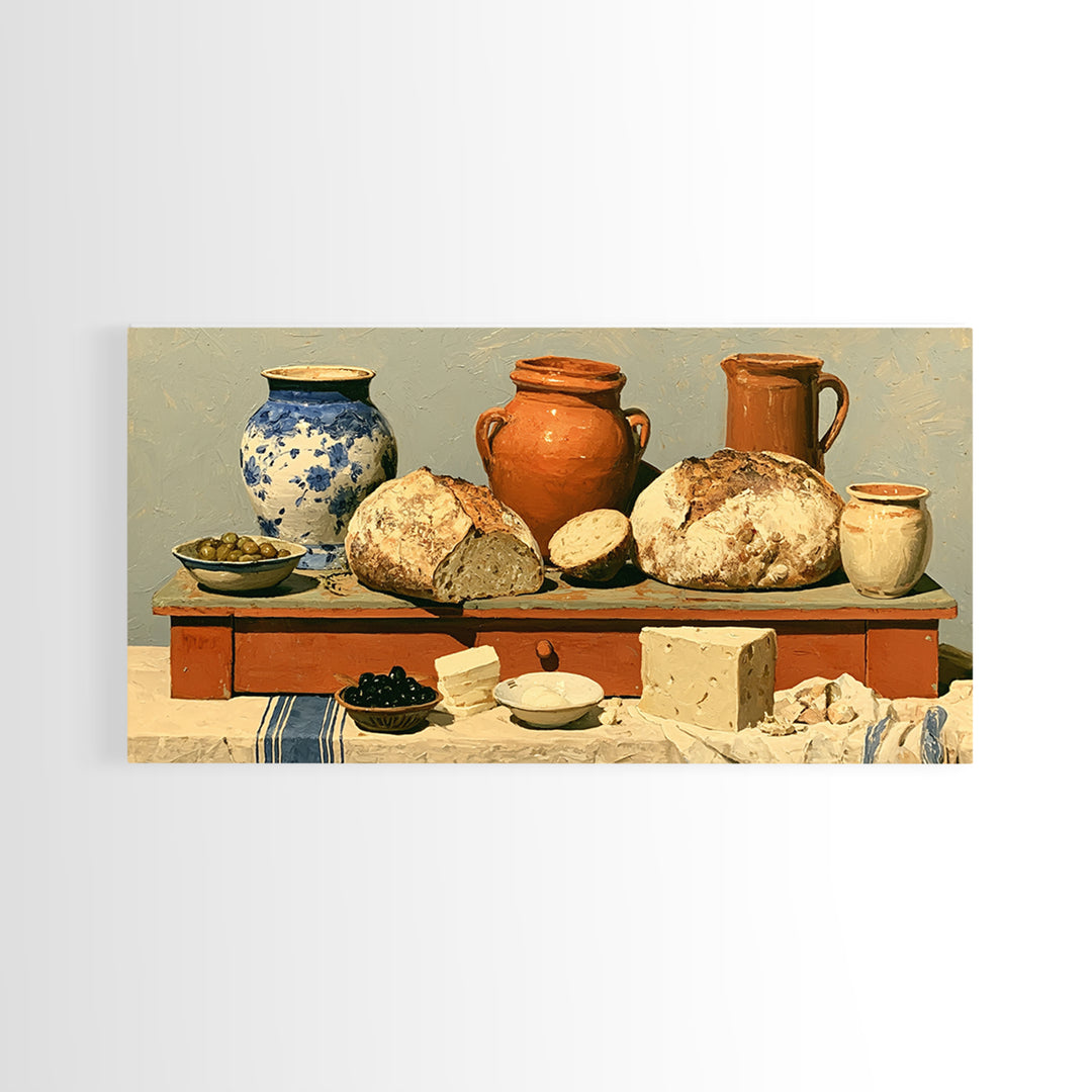 Rustic Bread Olives and Cheese Still Life Canvas Print, Dining Room Art, Neutral Decor, Dining Room Decor, Abstract Art, Dining, DRA-2x1-2