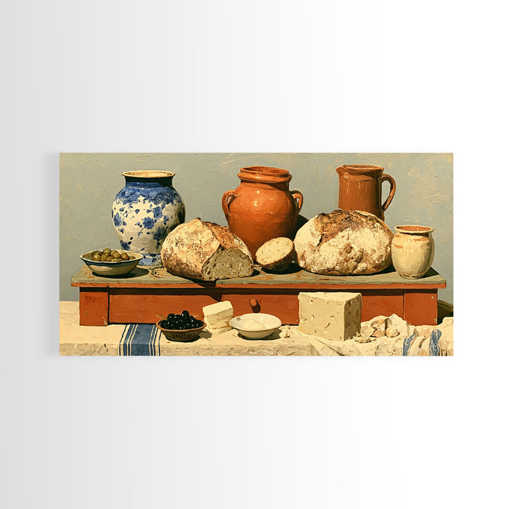 Rustic Bread Olives and Cheese Still Life Canvas Print, Dining Room Art, Neutral Decor, Dining Room Decor, Abstract Art, Dining, DRA-2x1-2