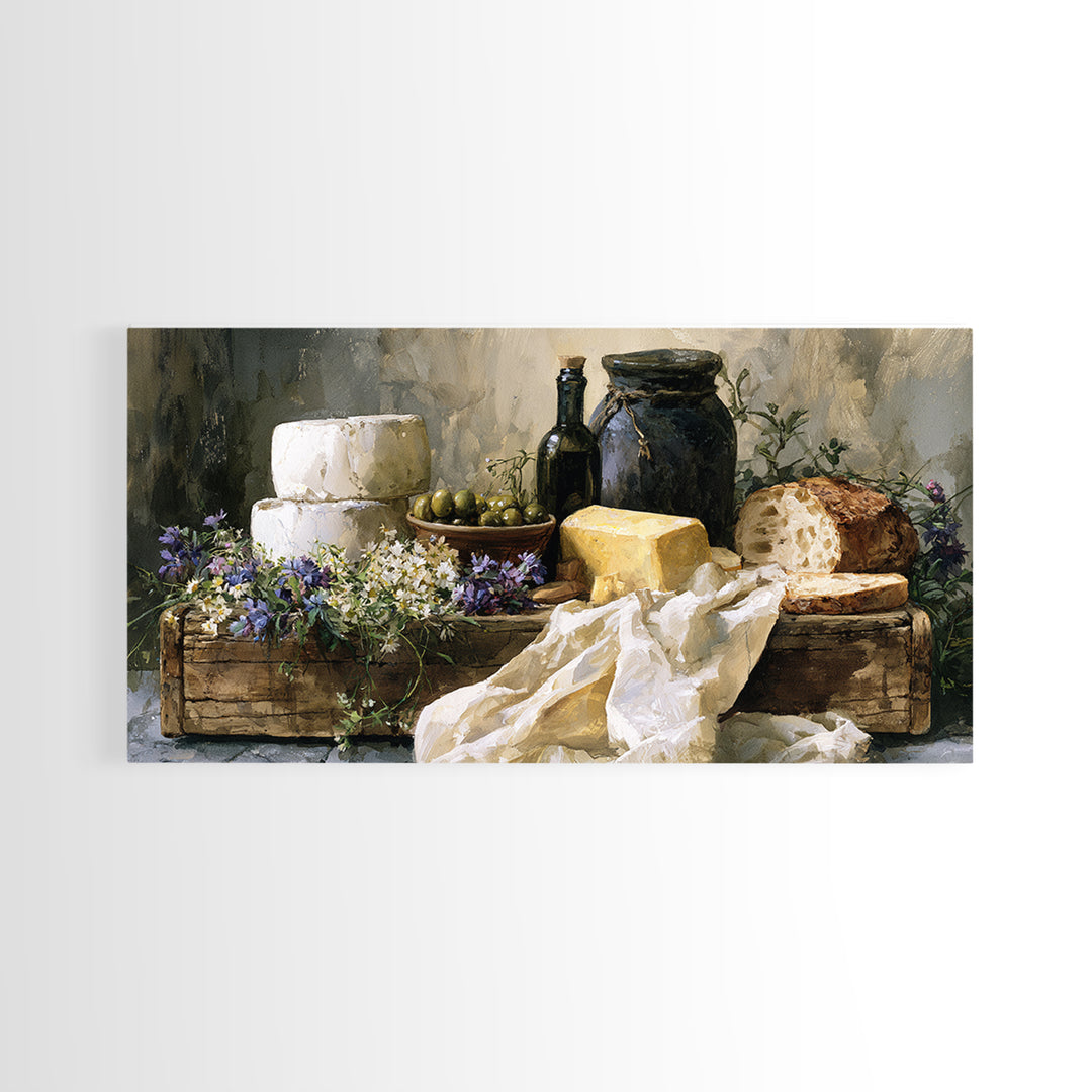 Rustic Bread Olives and Cheese Still Life Canvas Print, Dining Room Art, Neutral Decor, Dining Room Decor, Abstract Art, Dining, DRA-2x1-26