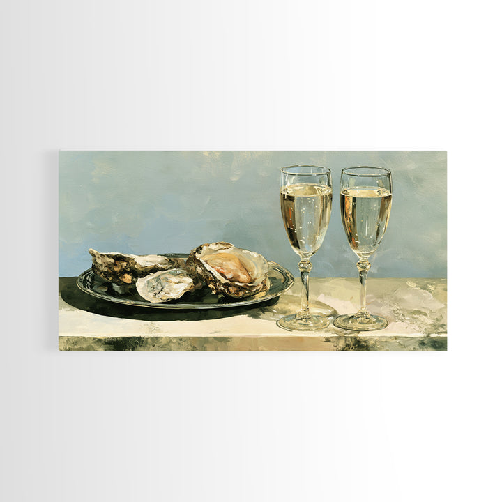 Elegant Oyster and Champagne Still Life Framed Canvas Print, Dining Room Art, Dining Room Decor, Oil Painting, Dining, DRA-2x1-27