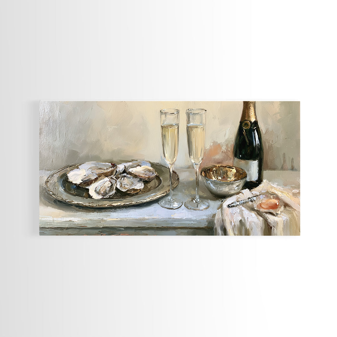 Elegant Oyster and Champagne Still Life Framed Canvas Print, Dining Room Art, Bedroom Decor, Dining Room Decor, Dining, DRA-2x1-3