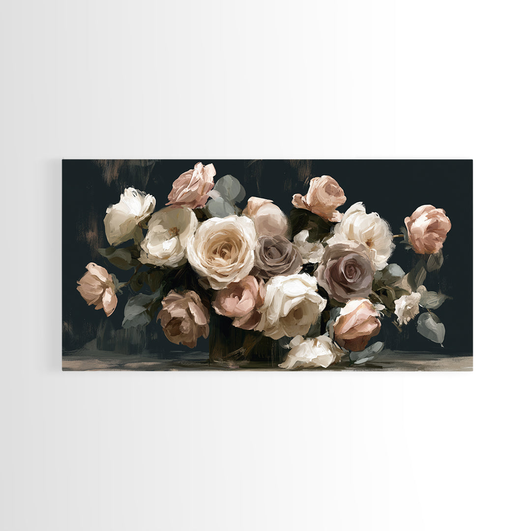 Moody Dark Background Bouquet for Formal Dining Canvas Print, Dining Room Art, Large Wall Art, Dining Room Decor, Dining, DRA-2x1-31