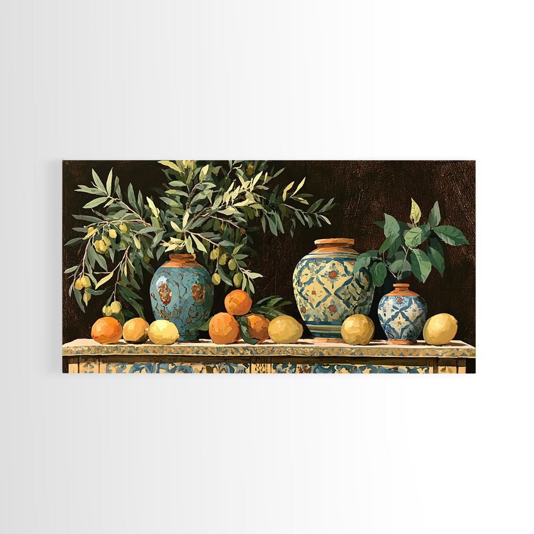 Mediterranean Olive Branch and Citrus Arrangement Canvas Print, Dining Room Art, Minimalist Decor, Dining Room Decor, Dining, DRA-2x1-32