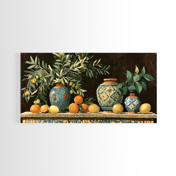 Mediterranean Olive Branch and Citrus Arrangement Canvas Print, Dining Room Art, Minimalist Decor, Dining Room Decor, Dining, DRA-2x1-32