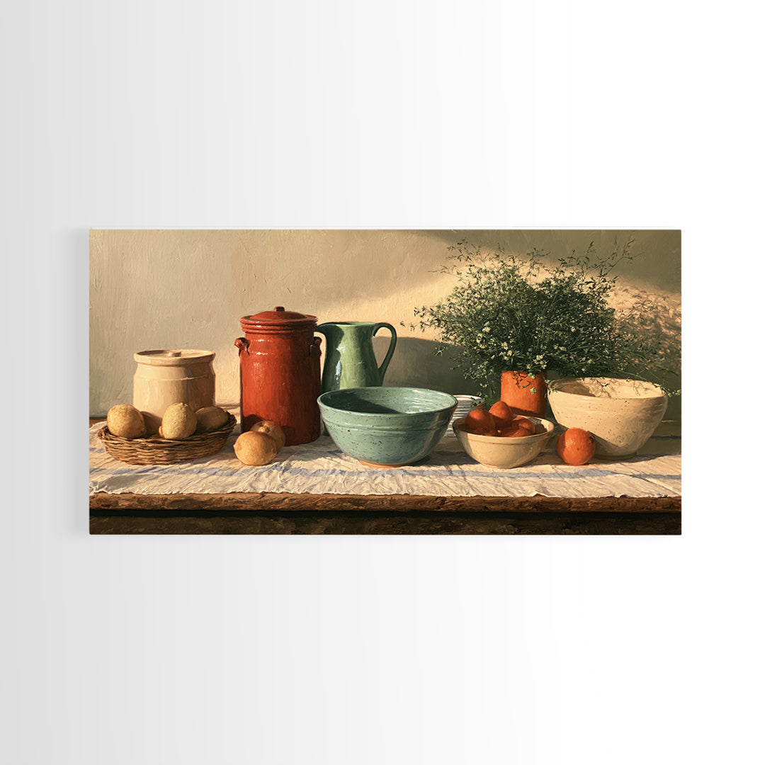 Sunlit Farmhouse Table Objects Without Room View Framed Canvas Print, Dining Room Art, Boho Decor, Dining Room Decor, Dining, DRA-2x1-37