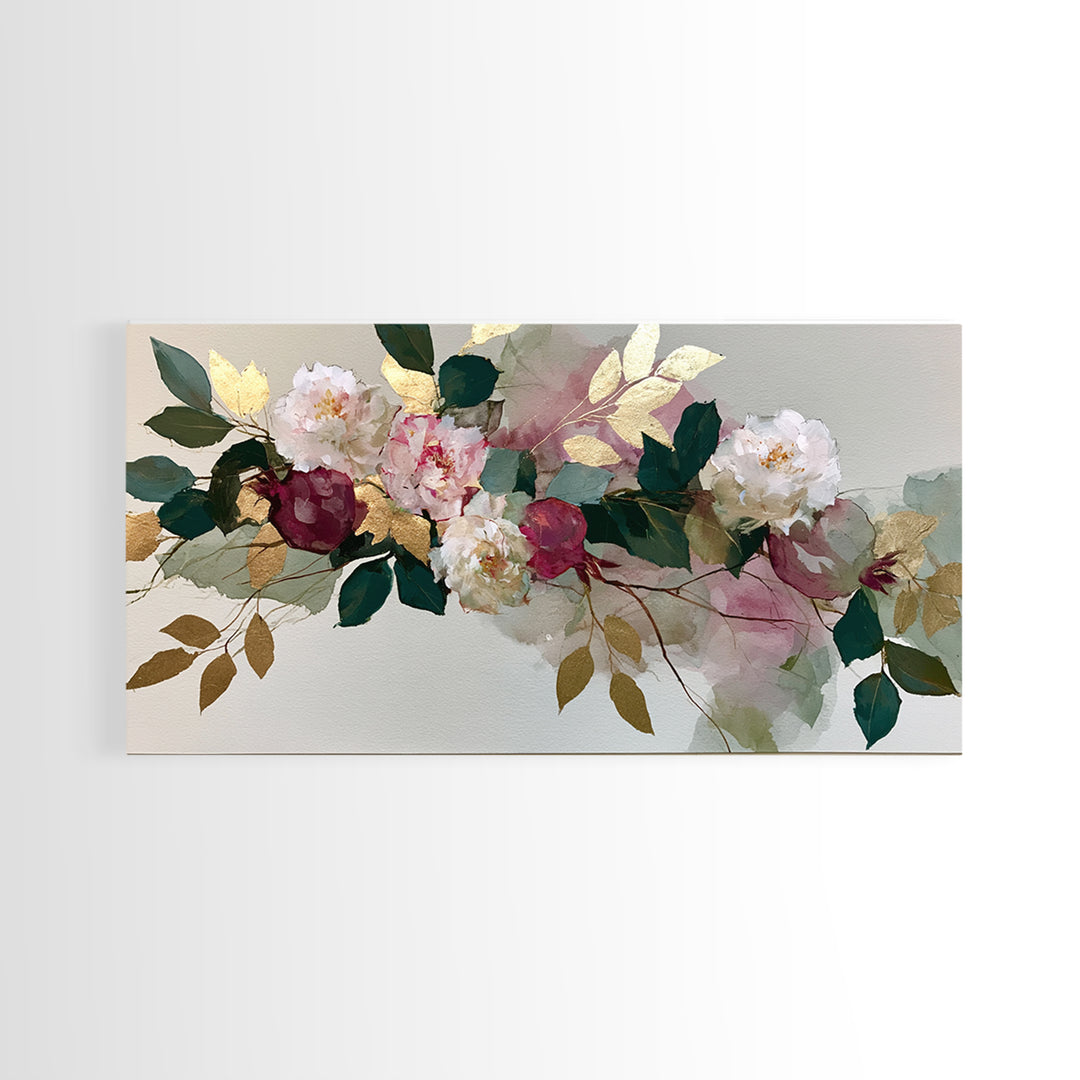 Pomegranate and Gold Leaf Botanical Study Canvas Print, Dining Room Art, Boho Decor, Dining Room Decor, Oil Painting, Dining, DRA-2x1-4