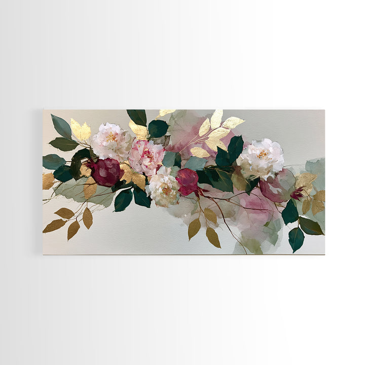 Pomegranate and Gold Leaf Botanical Study Canvas Print, Dining Room Art, Boho Decor, Dining Room Decor, Oil Painting, Dining, DRA-2x1-4
