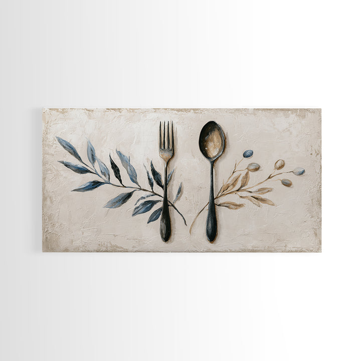 Minimal Fork Spoon and Herb Composition Framed Canvas Print, Dining Room Art, Gallery Decor, Dining Room Decor, Dining, DRA-2x1-42