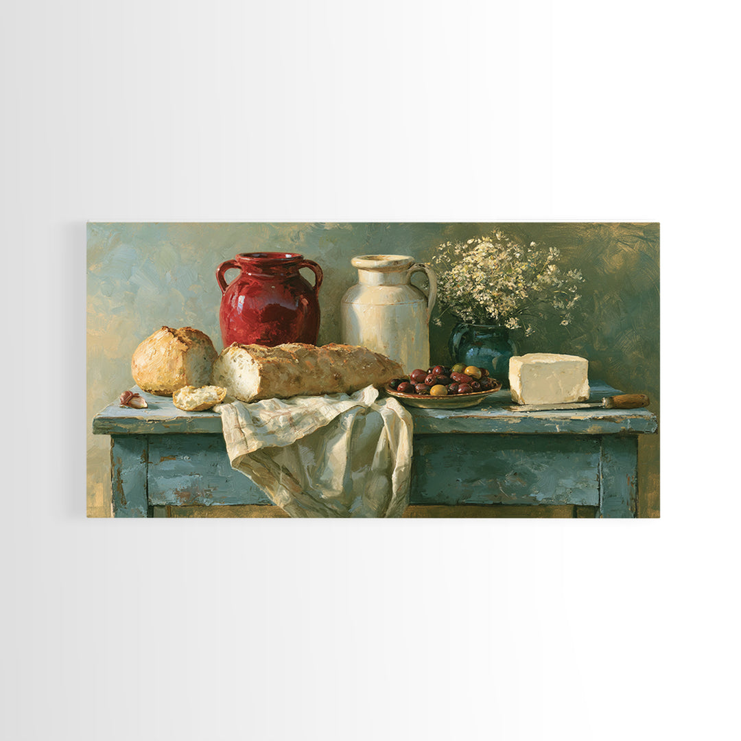 Rustic Bread Olives and Cheese Still Life Framed Canvas Print, Dining Room Art, Luxury Decor, Dining Room Decor, Dining, DRA-2x1-50