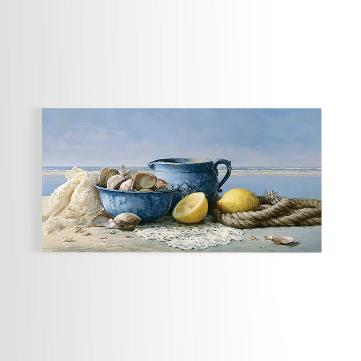 Shellfish and Lemon Still Life Framed Canvas Print, Dining Room Art, Large Wall Art, Dining Room Decor, Oil Painting, Dining, DRA-2x1-60