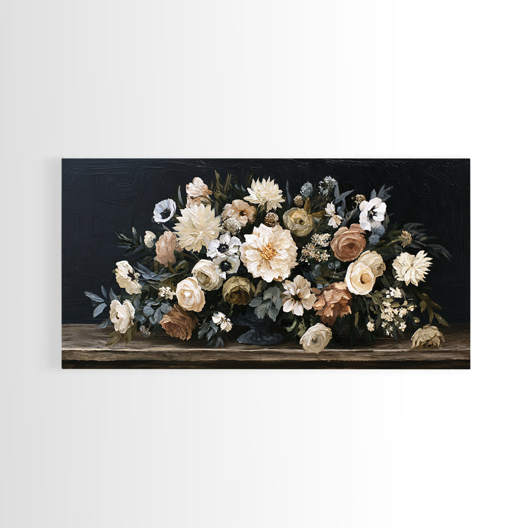 Moody Dark Background Bouquet for Formal Dining Canvas Print, Dining Room Art, Contemporary Art, Dining Room Decor, Dining, DRA-2x1-7