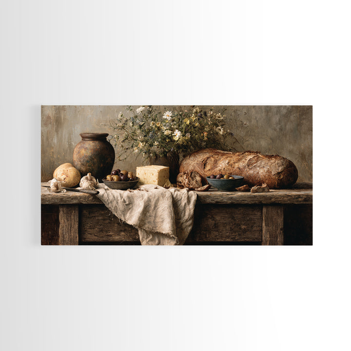Rustic Bread Olives and Cheese Still Life Canvas Print, Dining Room Art, Dining Room Decor, Watercolor Art, Dining, DRA-2x1-74