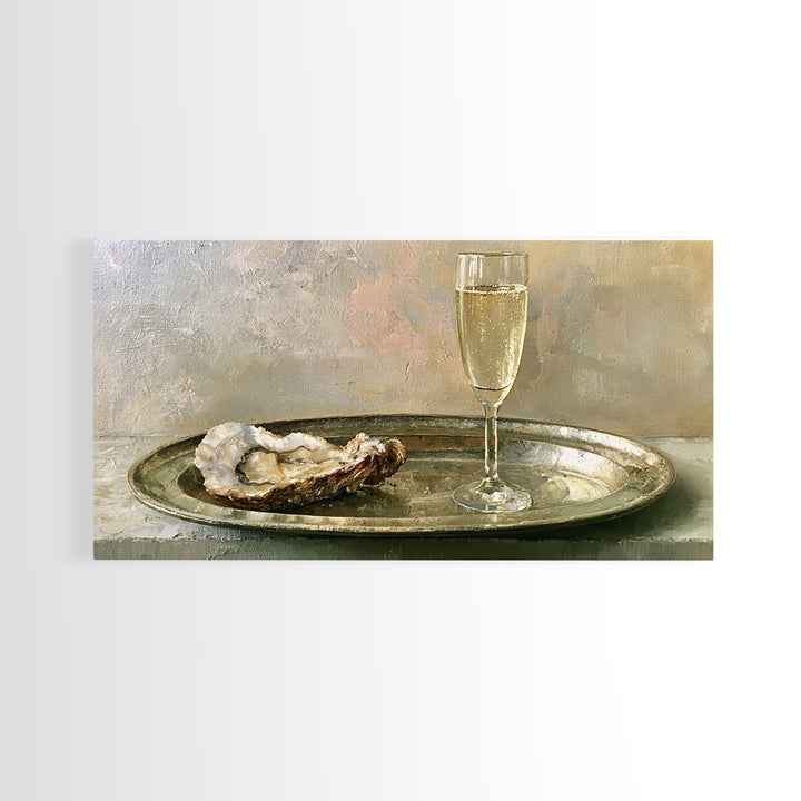 Elegant Oyster and Champagne Still Life Framed Canvas Print, Dining Room Art, Neutral Decor, Dining Room Decor, Dining, DRA-2x1-75