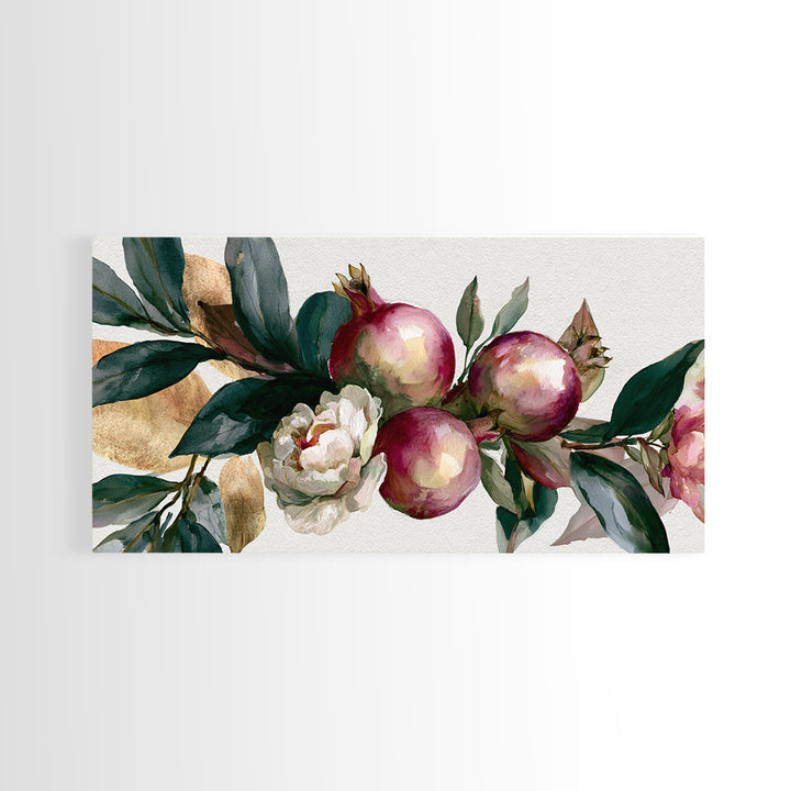 Pomegranate and Gold Leaf Botanical Study Canvas Print, Dining Room Art, Kitchen Art, Dining Room Decor, Fine Art, Dining, DRA-2x1-76