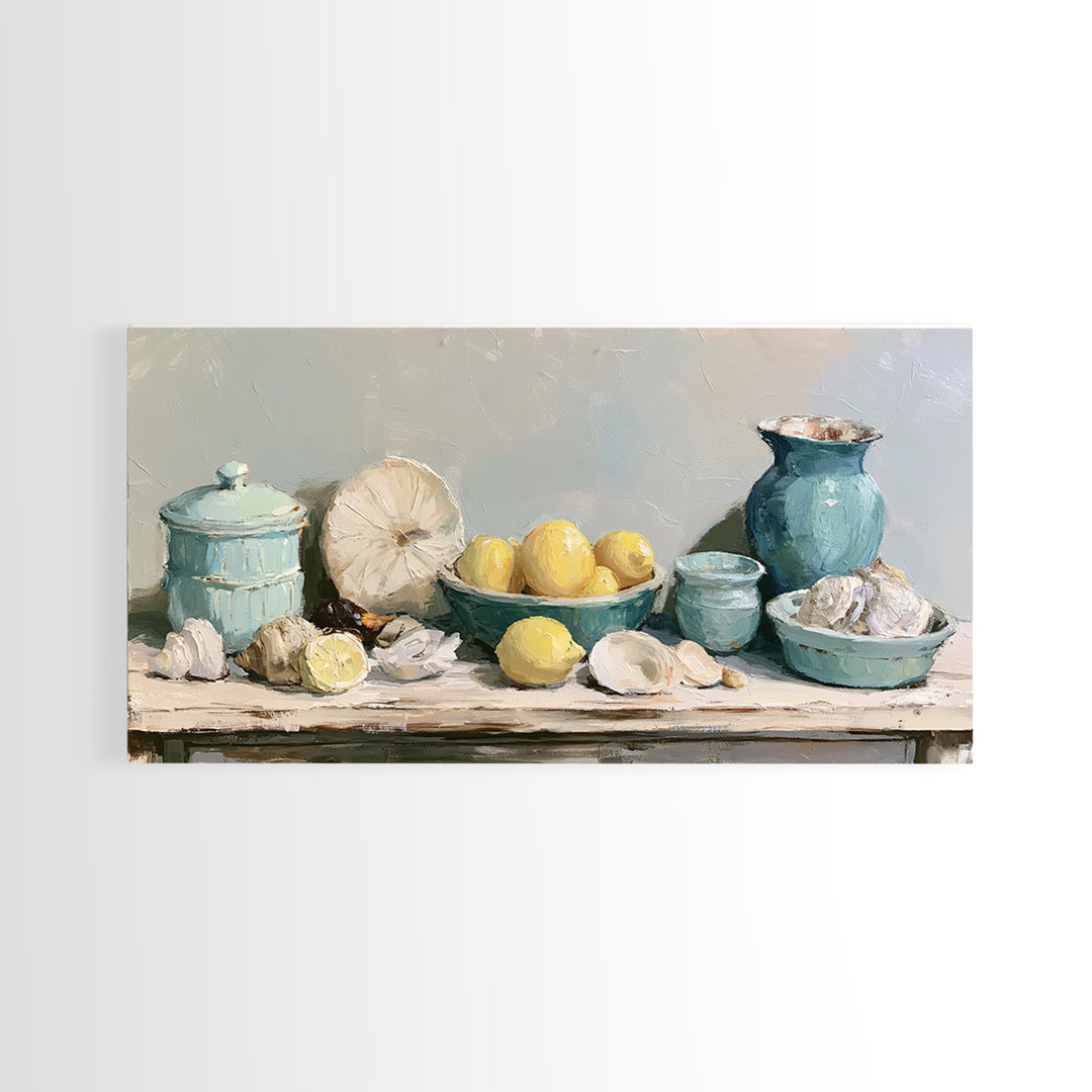 Shellfish and Lemon Still Life Framed Canvas Print, Dining Room Art, Abstract Wall Art, Dining Room Decor, Fine Art, Dining, DRA-2x1-84