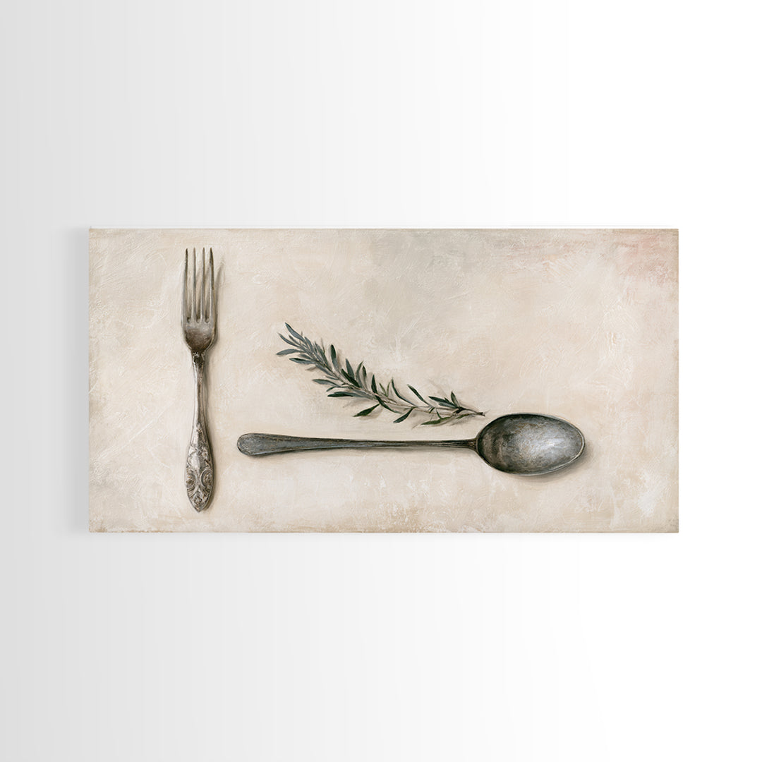 Minimal Fork Spoon and Herb Composition Framed Canvas Print, Dining Room Art, Dining Room Decor, Oil Painting, Dining, DRA-2x1-90