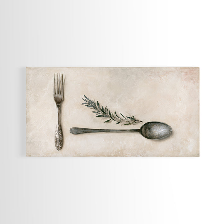 Minimal Fork Spoon and Herb Composition Framed Canvas Print, Dining Room Art, Dining Room Decor, Oil Painting, Dining, DRA-2x1-90