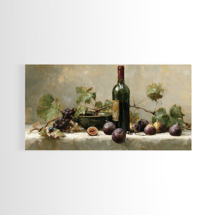 Wine Bottle and Figs on a Linen Framed Canvas Print, Dining Room Art, Coastal Decor, Dining Room Decor, Fine Art, Dining, DRA-2x1-95