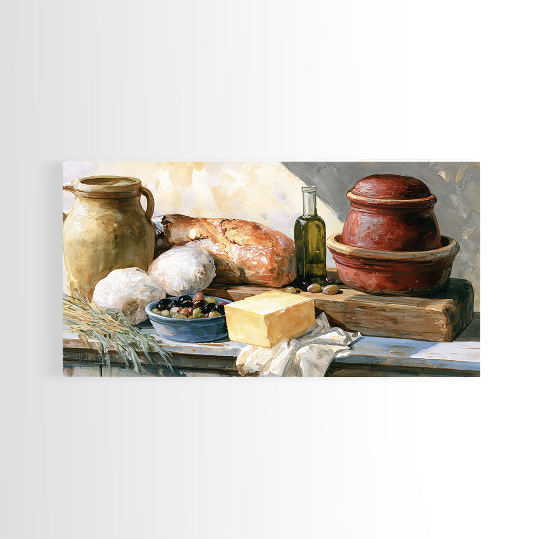 Rustic Bread Olives and Cheese Still Life Canvas Print, Dining Room Art, Dining Room Decor, Watercolor Art, Dining, DRA-2x1-98