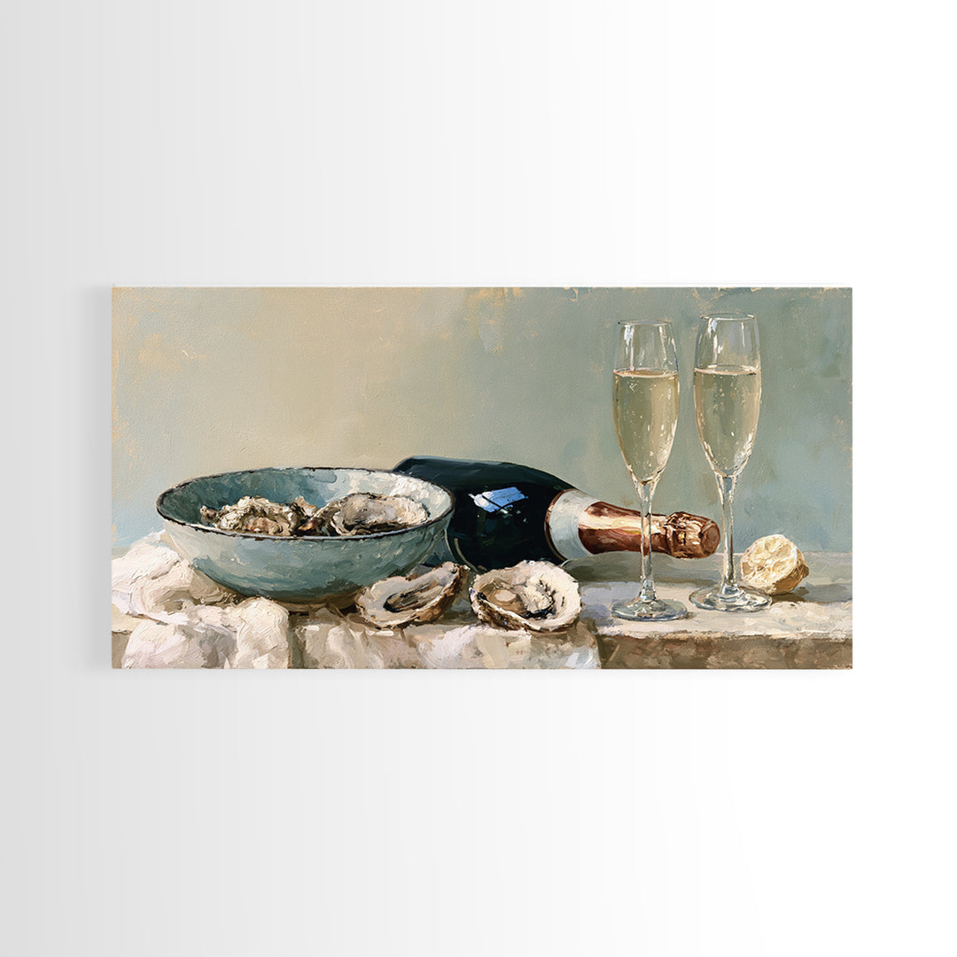 Elegant Oyster and Champagne Still Life Framed Canvas Print, Dining Room Art, Kitchen Wall Art, Dining Room Decor, Dining, DRA-2x1-99