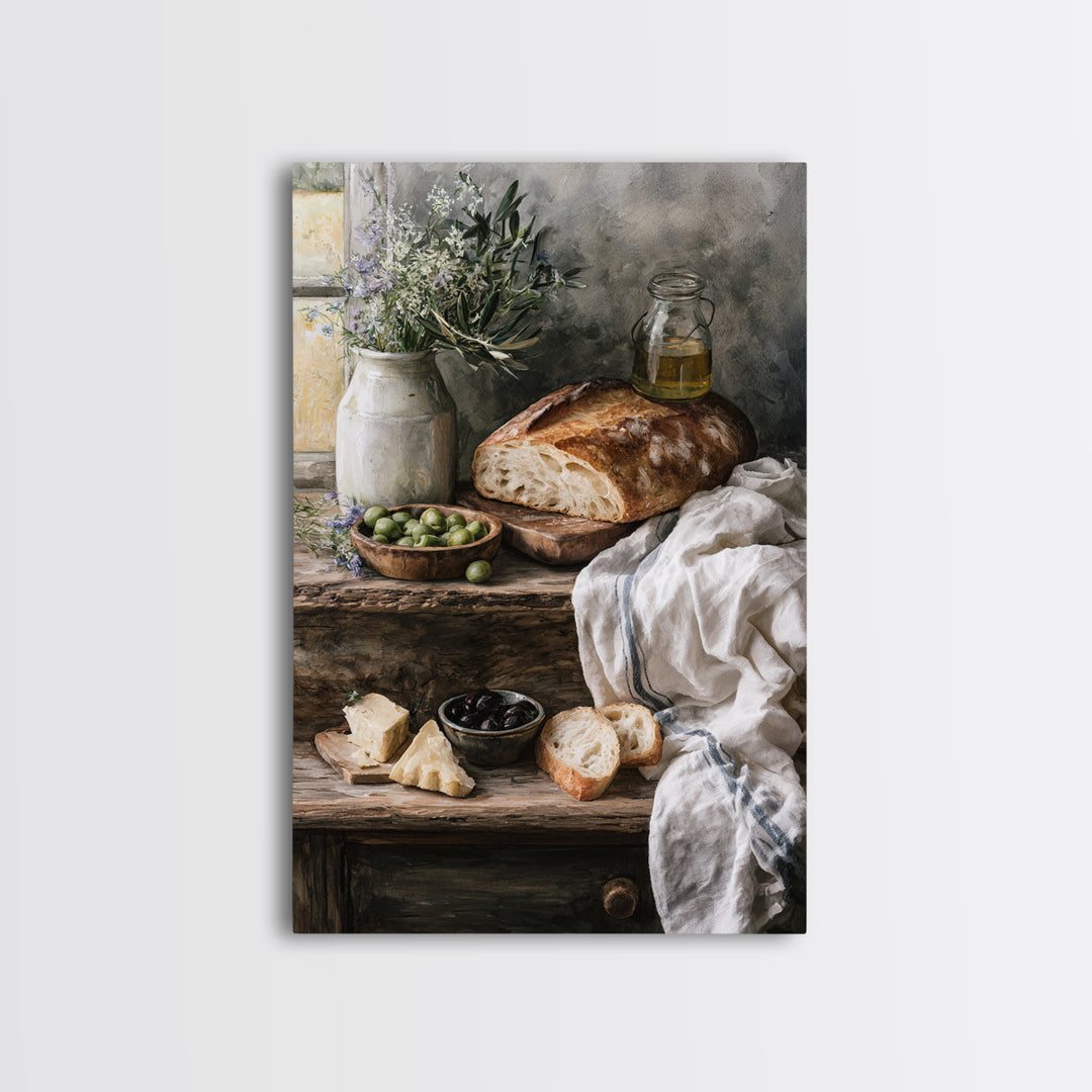 Rustic Bread Olives and Cheese Still Life Canvas Print, Dining Room Art, Modern Decor, Dining Room Decor, Oil Painting, Dining, DRA-2x3-14