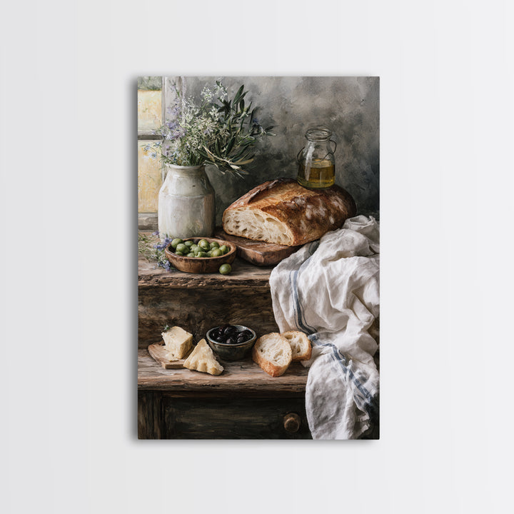 Rustic Bread Olives and Cheese Still Life Canvas Print, Dining Room Art, Modern Decor, Dining Room Decor, Oil Painting, Dining, DRA-2x3-14