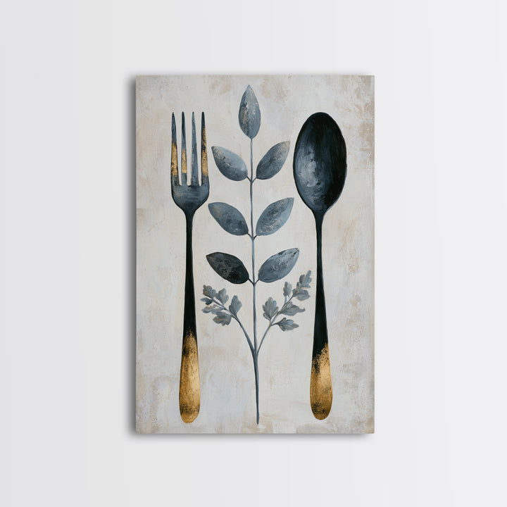 Minimal Fork Spoon and Herb Composition Framed Canvas Print, Dining Room Art, Wall Decor, Dining Room Decor, Fine Art, Dining, DRA-2x3-30